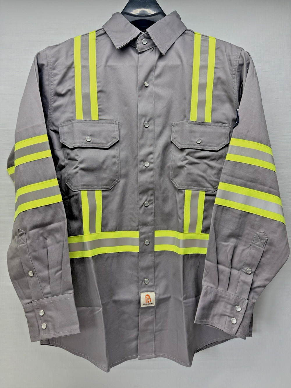 BOCOMAL FR High Vis Pearl Snaps Lightweight Reflective Shirt Gray Mens Large